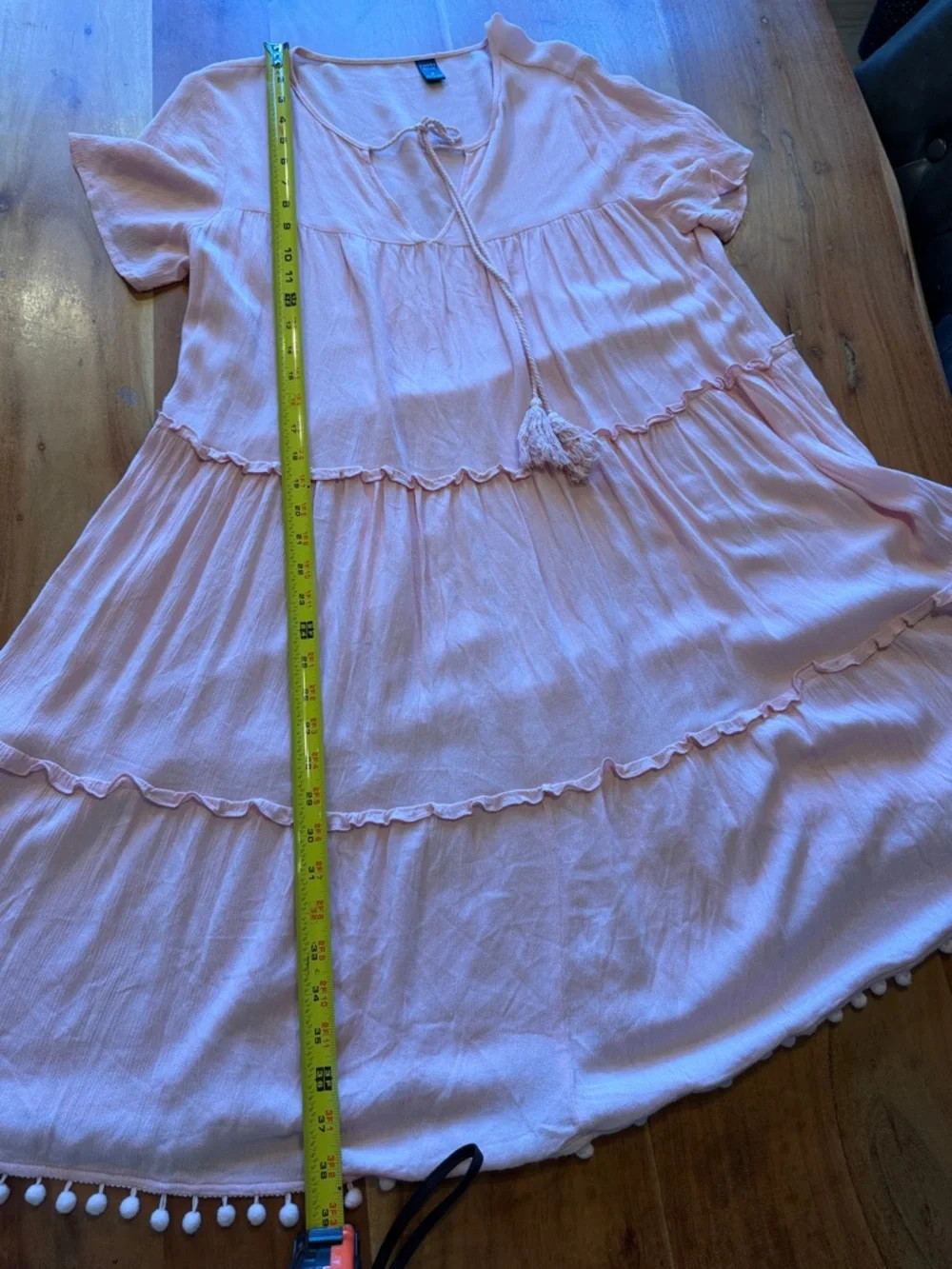 Emery Rose Boho Pink Tassel Tiered Dress Pom Pom Hem Medium (VGUC) - Picture 7 of 16